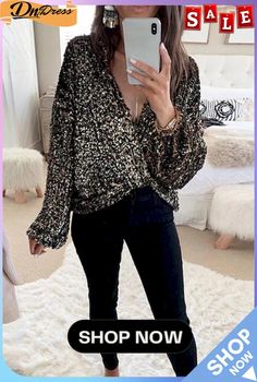 Deep V Neck Knot Sequin Shirt Sequins Blouse, Fashion Packaging, Sequin Blouse, Sequin Shirt, Long Sleeve Sequin, Sequin Top, Long Blouse, Wholesale Clothing, Sweater Fashion