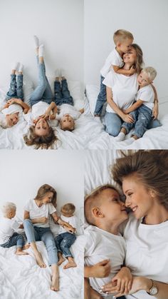 a mother and her two children cuddle on the bed while they are surrounded by dolls