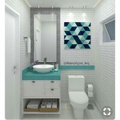 a bathroom with a blue counter top and white tile on the walls, along with a toilet