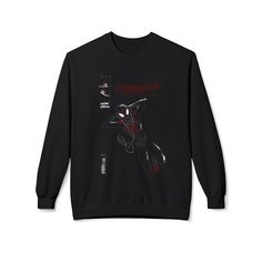 Original Miles Morales Into the Spider-Verse design. Soft cotton, drop-shoulder, unisex ,relaxed fit crewneck sweatshirt fits like a well-loved favorite. .: 80% Ringspun cotton, 20% Polyester (fiber content may vary for different colors) .: Medium-heavy fabric (8.4 oz/yd² (285 g/m .: Classic fit .: Tear-away label Sporty Cotton Sweatshirt With Character Print, Oversized Casual Sweatshirt With Character Print, Fall Crew Neck Top With Graphic Design, Casual Hoodie With Character Print And Crew Neck, Casual Crew Neck Hoodie With Character Print, Casual Character Print Sweatshirt With Relaxed Fit, Casual Crew Neck Sweatshirt With Character Print, Casual Sweatshirt With Character Print, Crew Neck, Oversized Sweatshirt With Character Print For Streetwear