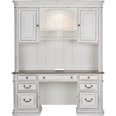 an old white desk with drawers and cupboards on it's sides, against a white background