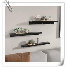 two black floating shelves with plants on them