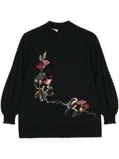 black wool-silk blend floral embroidery round split neck long puff sleeves scallop hem Embroidered Tops For Workwear In Fall, Embroidered Tops For Fall, Fall Embroidered Tops For Work, Fall Workwear Tops With Embroidery, Chic Long Sleeve Tops With Embroidered Cuffs, Elegant Embroidered Spring Sweater, Spring Embroidered Wool Sweater, Spring Wool Sweater With Embroidery, Spring Wool Embroidered Sweater