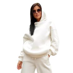 Solid White Cotton Blend Hoodie and Pants Set Spring Hooded Tracksuit With Relaxed Fit, Spring Tracksuit With Drawstring Hood In Solid Color, Hooded Tracksuit For Spring, Winter White Hooded Hoodie For Loungewear, White Tracksuit With Drawstring Hood For Fall, White Long Sleeve Tracksuit With Drawstring Hood, White Hoodie Tracksuit For Fall, White Sweats With Pockets For Fall, White Fleece Tracksuit For Winter