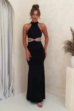 Highlights Stunning halter neck bodycon maxi Open back Cut out waist with cute diamante detailing Soft, stretchy fabric Sizing The model is 5'10 and wears UK size 8 / S / US size 4 Small on top - go one size up if you have a larger bust Fit & Fabric Made from 95% Polyester & 5% Spandex Rear zip Not lined Length from top of shoulder to hem: 155cm Stretch: 6/10 Perfect for Wedding Guest Graduations Black Tie Events Formal Occasions Debs and Proms Halter Neck Dress Formal, Halter Top Prom Dresses, Black Tie Wedding Guest Dress, Halter Prom Dresses, Black Halter Top, Bodycon Maxi Dress, Halter Top Dresses, Red Carpet Gowns, Black Tie Dress