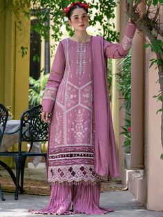 Classic Lilac Embroidered Pakistani Sharara Kameez Dupatta Party Dress Eid Lawn Suit With Mirror Work In Chinon, Eid Dress With Mirror Work And Jamawar Material, Eid Dress With Mirror Work In Jamawar Fabric, Eid Dress With Mirror Work And Jamawar Fabric, Eid Jamawar Dresses With Mirror Work, Jamawar Dresses With Mirror Work For Festivals, Unstitched Lawn Suit With Mirror Work For Eid, Diwali Jamawar Dress With Mirror Work, Semi-stitched Dress With Mirror Work For Eid