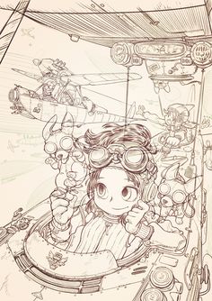 a drawing of a person in a plane with goggles on their head and an airplane behind them