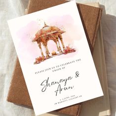 a wedding card with an image of a gazebo on it and the words, please join us to celebrate the reunion of shara & aaron