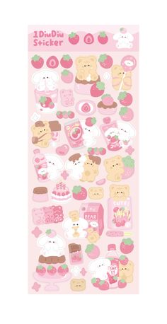 a pink sticker sheet with teddy bears and other items on it's side