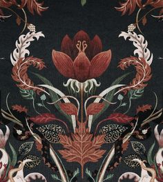 an intricately designed wallpaper with red flowers and leaves on black background, closeup