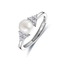 A lustrous pearl is the centre of this gorgeous piece,surrounded by sparkling stones on either side.Exquisite in sterling silver,our personalized ring is the perfect way to express yourself.A beautiful keepsake you'll treasure forever.Stone Size: 6*6 mmStone Type: Jeulia® StoneNumber of Stones: 1 Stone Color: Diamond WhiteStone Shape: RoundMaterial: 925 SilverPlating Color: Silver Elegant Wedding Diamond Ring With Sparkling Stones, Classic Pearl Promise Ring With Center Stone, White Pearl Rings With Diamond Accents, Classic Rings With Sparkling Stones For Gift, Diamond-accented Pearl Promise Ring, Diamond White Pearl Ring With Diamond Accents For Promise, White Gold Pearl Ring With Diamond Accents For Promise, Diamond Pearl Promise Ring, White Gold Pearl Ring With Brilliant Cut For Anniversary