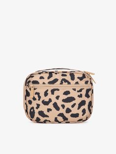 the leopard print cosmetic bag is shown in beige, black and white with an animal print pattern