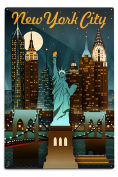 New York, Retro Skyline, Lantern Press Artwork, Art Prints and Metal Signs Art Lantern Press Vintage Films, Postal Vintage, Deco Poster, The Statue Of Liberty, City Poster, Goodfellas, Art Deco Posters, Skyline Art