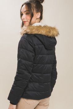 This stylish Black Puffer Jacket With Faux Fur Hoodie Lining is built to withstand temperatures down to 0°F. It features a comfortable lining and side zipper pockets for added warmth and convenience. Fabric & fit: Model is wearing size Small. Faux Fur Hoodie, Fur Hoodie, Black Puffer Jacket, Flannel Tops, School Looks, Black Puffer, Graphic Tops, Plus Size Tops, Puffer Jacket