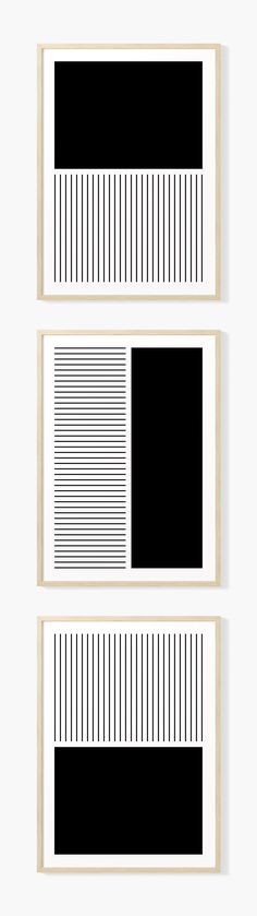 Black and white geometric wall art prints with rectangles and lines.