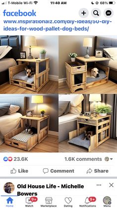 an image of a dog sitting on a bed in front of a wooden table with drawers