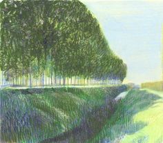 a drawing of trees on the side of a road in front of a grassy field