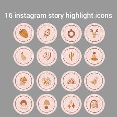 the 16 instagram story highlight icons are shown in pink and white circles on a gray background