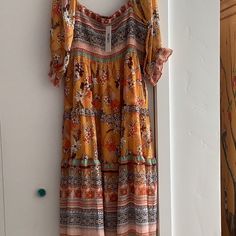 Boho Chic Dress With Beautiful Spring And Summer Colors. Very Flattering Smocked Bodice Flutter Sheer Sleeve With Ruffle Can Wear Off Or On Shoulder Attached Slip Half Way Length 53” Armpit To Armpit 19-24” As Bodice Is Smocked. Bohemian Dresses, Boho Chic Dress, Gold Orange, Bohemian Dress, Dress Plus Size, Orange Gold, Sheer Sleeves, Summer Colors, Chic Dress