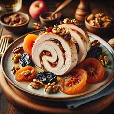 a white plate topped with sliced turkey next to oranges and nuts on top of a wooden table