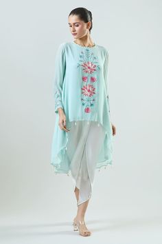 Aqua tunic with thread embroidery in floral motifs. Paired with tulip pant. - Aza Fashions Spring Designer Wear Straight Kurta Set, Spring Resham Embroidered Straight Kurta Palazzo Set, Spring Kurta With Intricate Embroidery In Traditional Drape, Spring Chikankari Embroidered Palazzo Set With Straight Kurta, Spring Kurta With Intricate Embroidery And Traditional Drape, Spring Palazzo Set With Chikankari Embroidery, Embroidered Straight Kurta Sets For Spring, Designer Long Sleeve Pant Set For Spring, Embroidered Anarkali Tunic Palazzo Set