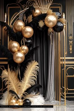 a black and gold party decoration with balloons, feathers, and other decorations on display