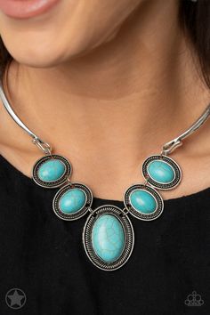 Two antiqued silver bars curl around the neck as they give way to a row of refreshing turquoise stones that falls delicately below the collar. Each stone is encased in a textured silver frame, adding a traditional artisanal flair to each unique pendant. Features an adjustable clasp closure. Silver Strand, Silver Frames, Paparazzi Accessories, Turquoise Stones, Blue Gems, Wedding Jewellery Necklace, Silver Bars, Blue Necklace, Unique Pendant