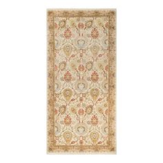 a rug with an ornate design on the front and back side, in beige tones