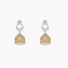 Surabhi Nakshatra CZ Jhumki Earrings Elegant White Earrings For Navratri, Elegant Dual-tone Jhumkas For Diwali, White Jhumkas With Latkans For Reception, Festive Pearl Drop Jhumkas For Reception, Fusion Style Gold Jhumkas With Pearl Drop, Gold Fusion Jhumkas With Pearl Drop, Gold Fusion Style Jhumkas With Pearl Drop, Festive Jhumkas With Pearl Drop, Diwali Reception Drop Jhumkas Earrings