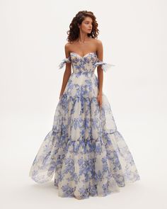 Hydrangea Tender floral maxi tie-strap dress ➤➤ Milla Dresses - USA, Worldwide delivery Summer Organza Gown With Sweetheart Neckline, Floor-length Floral Print Organza Dress, Spring Gown With Boned Bodice And Sweetheart Neckline, Summer Floral Gown With Sweetheart Neckline, Organza Dress With Floral Print For Evening, Summer Gown With Floral Print And Fitted Bodice, Spring Organza Maxi Dress With Fitted Bodice, Spring Floor-length Gown With Boned Bodice, Summer Organza Maxi Dress With Fitted Bodice