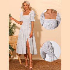 This flowing dress is sweet and feminine with a square neck and short puff sleeve design. This babydoll dress is suited for many occasions, such as summer, parties, beaches, vacations, holidays, gatherings, etc. Perfect matches with high heels for an elegant trendy look. Midi length for a stylish design shows the slim legs, and the floral print adds some highlights to the look. Feminine Smocked Dress With Square Neck And Gathered Sleeves, Feminine Smocked Dress With Gathered Sleeves And Square Neck, Cottagecore Dress With Smocked Bodice And Square Neck, Billowy Smocked Dress With Square Neck And Ruched Details, Billowy Square Neck Smocked Dress, Spring Smocked Dress With Square Neck And Gathered Sleeves, Daywear Smocked Dress With Square Neck, Cottagecore Puff Sleeve Dress With Square Neck And Ruffles, Feminine Smocked Dress With Square Neck For Garden Party