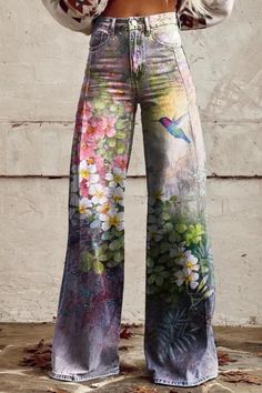 These women's casual wide leg pants jeans showcase a captivating floral hummingbird print, infusing your look with nature-inspired beauty. With their relaxed fit and wide legs, they blend comfort with style effortlessly, ideal for adding a touch of charm to any casual occasion or outing. Pants Korean Style, Wide Leg Pants Jeans, Pants Korean, Womens Wide Leg Pants, Casual Wide Leg Pants, Witchy Vibes, Outfits Women, Fashion Pattern, Fall Outfits Women