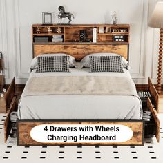 four drawers with wheels for charging headboard and bed in the middle, along with text that reads 4 drawers with wheels charging headboard