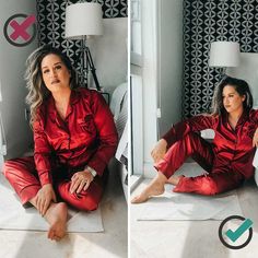 a woman in red pajamas sitting on the floor