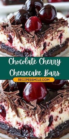 chocolate chewy cheesecake bars with cherries on top and the words, chocolate chewy cheesecake bars