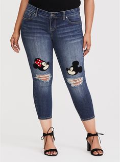 Disney Mickey & Minnie Mouse Patch Jean - Medium Wash, BLUE Hot Topic Clothes, Plus Size Disney, Disney Pants, Disney Clothing, Disney Couple Shirts, Disney World Outfits, Disneyland Outfits, Disney Patches, Disney Clothes