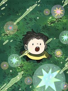 a cartoon character laying in the grass surrounded by stars