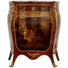 an old fashioned wooden cabinet with paintings on the front and side panels, painted in gold trimmings