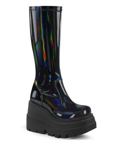 Holographic Boots, Hot Topic Shoes, Stretch Knee High Boots, High Platform Boots, Demonia Boots, Black Holographic, Knee High Platform Boots, Demonia Shoes, Wedge Heel Boots