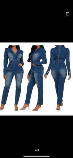 Double breasted long sleeve denim jumpsuit, the perfect addition to your wardrobe. This jumpsuit is designed to provide a sleek and stylish look.  Made from durable denim material, this jumpsuit is perfect for those who want a versatile piece that can be dressed up or down. Fitted Long-sleeve Denim Jumpsuit, Non-stretch Denim Blue Long Sleeve Jumpsuit, Non-stretch Long Sleeve Denim Jumpsuit, Chic Medium Wash Denim Jumpsuit With Long Sleeves, Trendy Fall Jumpsuits And Rompers With Button Closure, Fall Medium Wash Denim Jumpsuit With Buttons, Casual Non-stretch Long Sleeve Denim Jumpsuit, Non-stretch Denim Jumpsuit For Workwear, Casual Non-stretch Denim Jumpsuit With Long Sleeves