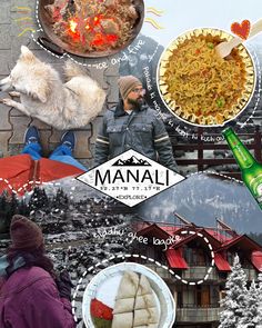 the collage shows many different food items and people in winter clothing, including rice