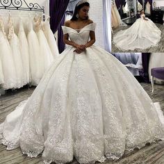 a white ball gown with off the shoulder straps and lace detailing on it, in front of