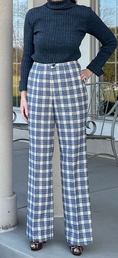 These are a pair of vintage Pendleton wool blue gray plaid wide leg trousers from the 1970s. These modern wool plaid pants are clean and in wonderful condition. The Pendleton plaid wool fabric on these vintage wide leg pants has no wear, holes, or odors, and they look and feel fabulous. These vintage wool trousers zip and button in the front, and they are higher waisted and fully lined. There is a vintage size 15/16 tag near the Pendleton label and I am the one wearing these fab trousers in the Fitted Wool Plaid Bottoms, Classic Plaid Pants For Fall, Classic Plaid Bottoms For Winter, Classic Wide Leg Plaid Pants, Wool Pants Outfit, Red Denim Jeans, Trousers Wide Leg, Womens Trousers, Pendleton Wool