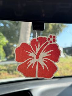 a red and white flower is hanging from the side of a car