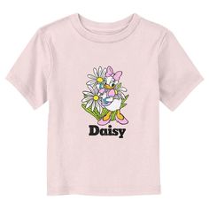 Who knew that dressing "mousey" could be so cute!? Celebrate Walt Disney's most iconic character with this officially licensed Disney Mickey Mouse and Friends Distressed Daisy and Flowers Toddlers' Graphic T-shirt! This fun tee features Daisy with flowers in the background and her name below. Grab some new Mickey and Friends apparel for the youngest member of the family and make your next trip to the Disney parks a memorable one! Disney Minnie Mouse Pink T-shirt, Cute Pink Minnie Mouse T-shirt, Pink Minnie Mouse T-shirt For Disney Fan Events, Disney Pink Minnie Mouse T-shirt, Disney T-shirt For Fan Events In Spring, Pink Fun T-shirt For Disney Fan Events, Cute Character Print T-shirt For Disney Fan Events, Playful Pink Top For Disney Fan Events, Disney Cotton T-shirt For Spring