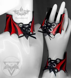 RED BAT WINGS Corset Set Choker & Bracelets Hand-painted Cuffs - Etsy Bulgaria Handmade Gothic Costume Accessories, Adjustable Gothic Costume Accessories For Festivals, Handmade Costume Accessories For Halloween, Handmade Punk Style Costume Jewelry, Handmade Black Costume Accessories, Handmade Costume Accessories For Cosplay Halloween, Handmade Costume Accessories For Halloween Cosplay, Punk Style Handmade Costume Jewelry, Black Fantasy Costume Accessories As Gift