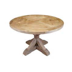 a round wooden table with four legs