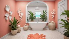 the bathroom is decorated in coral and white with tropical plants on the floor, along with an oval bathtub