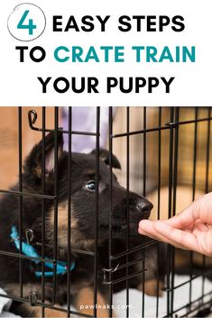 a dog in a cage with the title 4 easy steps to crate train your puppy