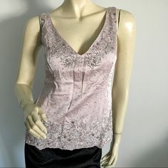 Linda Allard Ellen Tracy Petite Sleeveless V-Neck Camisole With Embroidery, Beading And Sequin Detail All Over. Zips Down On The Side. Color Is Like A Dusty Pale Pink With Pale Purple Tint. Color In Pictures Are Very Accurate. Would Look Great Paired With Gray/Silver Bottom. Size Is 4p But Runs Like A Regular S/M. Approx Measurements Taken Laying Flat & Relaxed: Bust 32-34" Length From Shoulder 21.5", Waist 30", Length From Underarm 13.75". Nwt * Please Do Not Use My Photos W/Out Permission Spring Embellished V-neck Tank Top, Elegant Sequined Tank Top, Embellished Fitted V-neck Tank Top, Fitted V-neck Tank Top For Wedding, Silk Sleeveless Tank Top For Party, Embellished V-neck Tank Top For Party, Embellished Silk V-neck Top, Elegant Sequined Tank Top For Evening, Elegant Fitted Beaded Tank Top